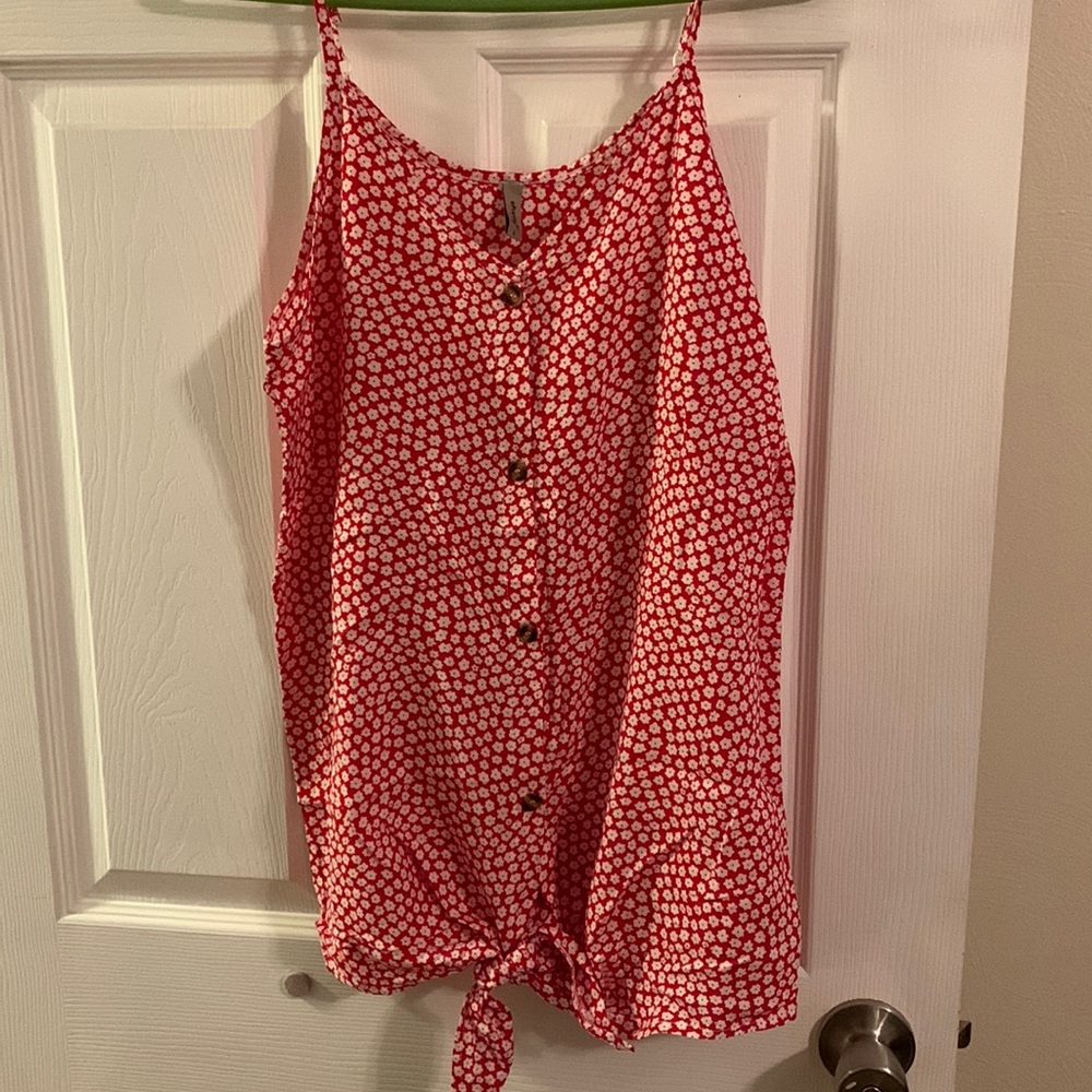 red with white flowers, button up tank with tie at bottom. adjustable straps